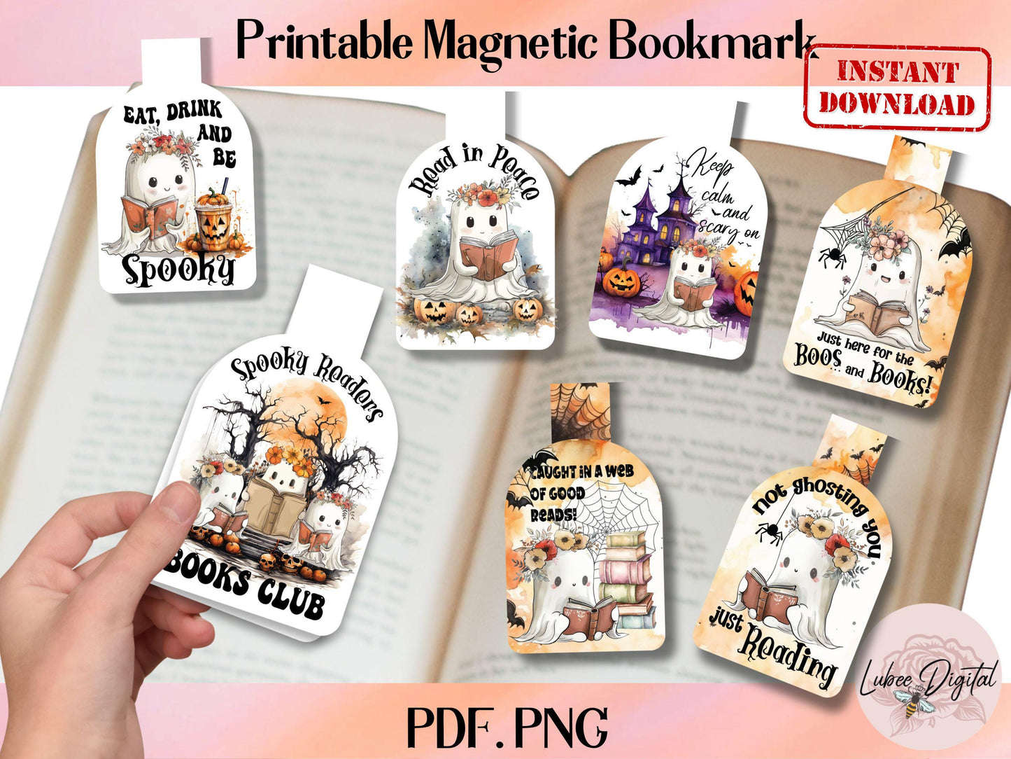 Halloween Ghost Printable Magnetic Bookmark,Halloween Book Club Holographic book lover,Spooky Ghost Planner Clip,Ghost Reading Book Bookmark